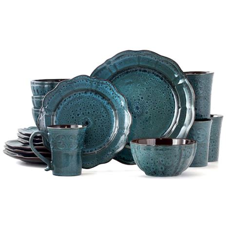 Elama 16 Piece Modern Blue Stoneware Dinnerware Set Service For 4