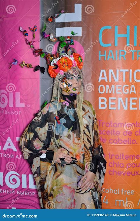 Model In A Bright Extravagant Costume With Butterflies In The Ph Editorial Stock Image Image