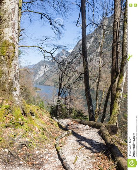 Hiking Trail In The Bavarian Alps With Lake Koenigssee In The