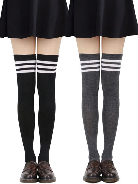 Tube Socks Women S Retro Striped Trim Long Knee High Socks Stockings Bk