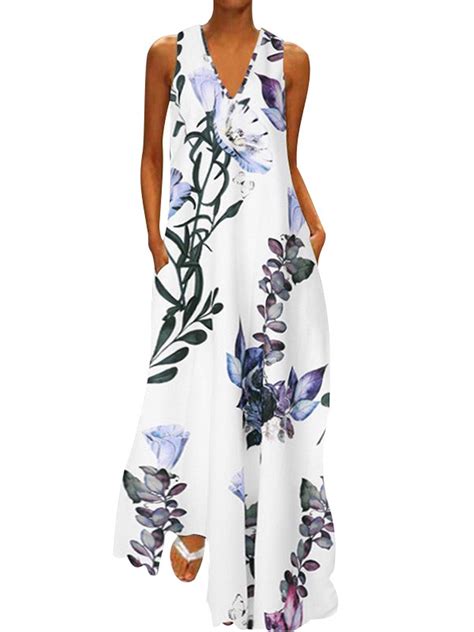 Plus Size Women Floral Print Bohemia Dress Long Maxi Dress Sleeveless V