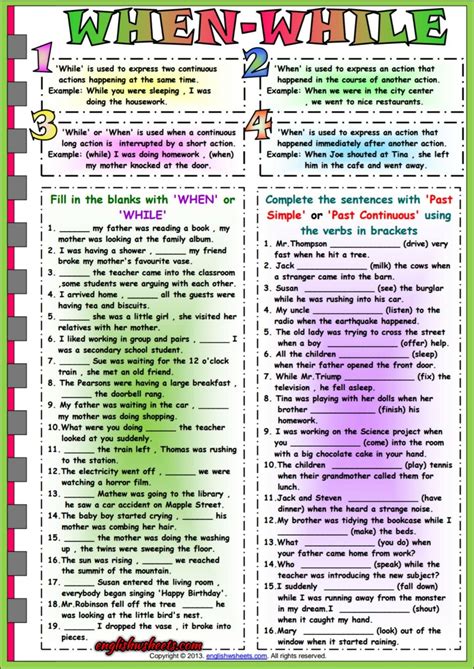 When - While Past Simple or Past Continuous ESL Worksheet | Past simple, Simple past, Simple ...