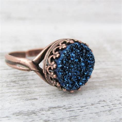Blue Druzy Ring Round Titanium Druzy Ring Sapphire Blue
