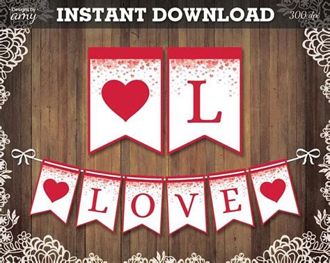 Printable Love Banner With Red Letter And Hearts Valentines Etsy