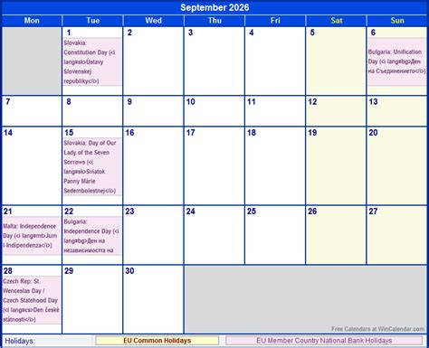 September 2026 Eu Calendar With Holidays For Printing