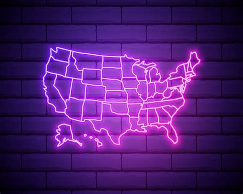 United States Map Glowing Neon Lamp Sign Realistic Vector Illustration