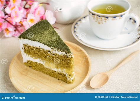 Japanese Matcha Green Tea Cake With Cup Of Tea Stock Photo Image Of