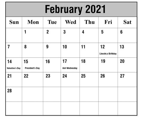 The classic edition of free editable calendar 2021 template in word: Free February 2021 Printable Calendar Template in PDF ...