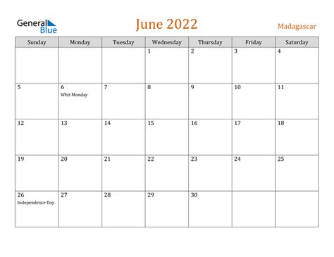 Madagascar June 2022 Calendar With Holidays