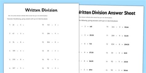 year 6 written division 2 decimal places worksheet twinkl
