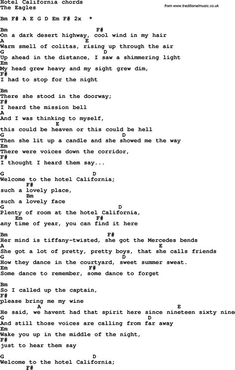 Song Lyrics With Guitar Chords For Hotel California