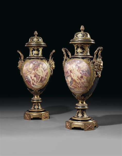 A Pair Of Large French Ormolu Mounted Sevres Style Cobalt Blue Ground Porcelain Vases And Covers