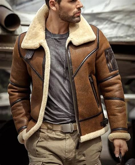 Mens Mens Shearling B3 Bomber Flight Aviator Sheepskin Leather Jacket