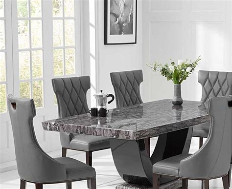 Kingway furniture 7pc modern dining set (glass table with 6 side chairs). Raphael 200cm Dark Grey Pedestal Marble Dining Table with ...