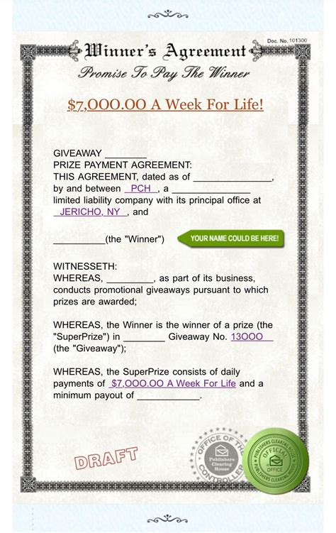 PCH WINNER’S AGREEMENT Doc. No.101300 Promise To Pay The Winner I Rosa