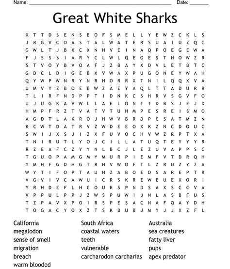 Great White Sharks Word Search WordMint