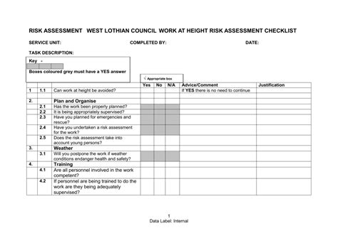 Free Working At Height Risk Assessment Template Uk Printable Form Images
