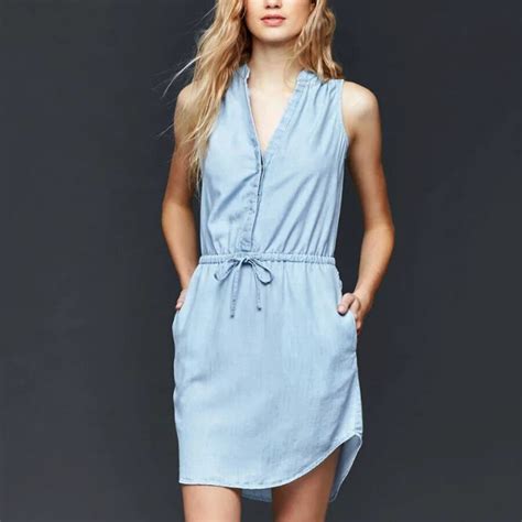2016 Casual Denim Summer Dress Women Light Blue V Neck Pockets A Line Mini Dresses Sleeveless