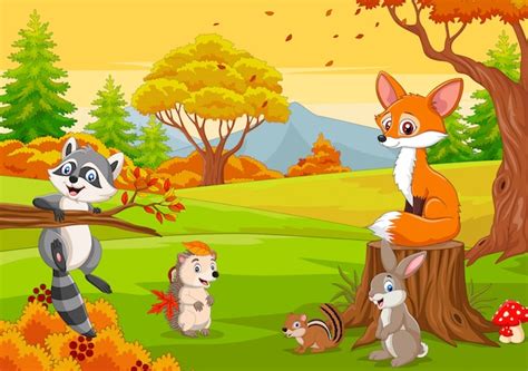 Dibujos Animados De Animales Salvajes En El Bosque De Otoño Vector