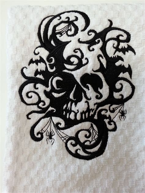 Embroidered Shadowed Skull Gothic Design Cotton Kitchen Or Etsy