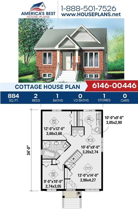 House Plan 6146 00446 Cottage Plan 884 Square Feet 2 Bedrooms 1