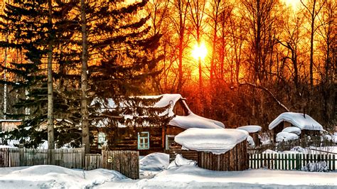Log Cabin Sunset Winter Wallpaper Download Snow Hd