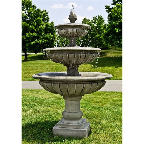 1 outdoor fountain, 1 pump, 1 solar panel and 1 solar rechargeable battery. Three Tier Longvue Outdoor Water Fountain