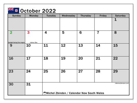 Printable October 2022 “new South Wales Ss” Calendar Michel Zbinden En