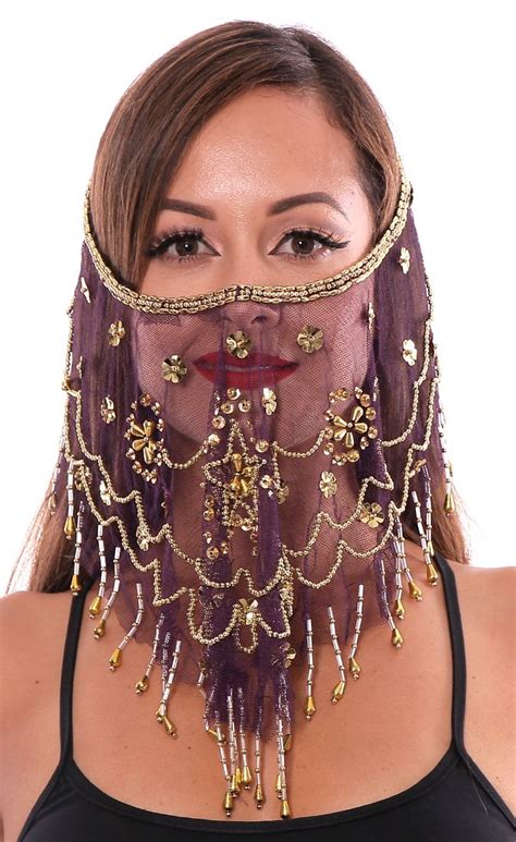 Ornate Harem Belly Dancer Costume Face Veil Accessory Dark Purple Belly Dance Accessories