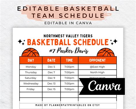 Editable Basketball Schedule Template Canva Basketball Etsy