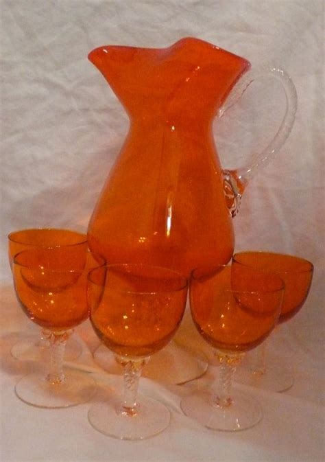 Vintage Handblown Orange Glass Pitcher With Pedistal And 5 Etsy Glass Cobalt Glassware