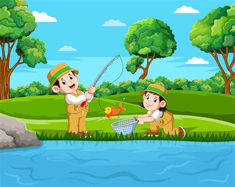 Two Fisherman Are Fishing The Fish In The Pond 7579169 Vector Art At
