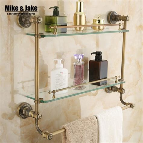Buy Double Level Glass Bathroom Glass Shelf Antique Brass Glass Cosmetic Shelf