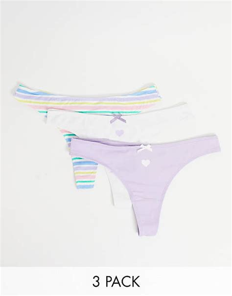 Wednesdays Girl 3 Pack Thongs In Plain And Stripe Print Asos