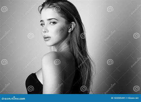 Young Sensual Model Woman Pose In Studio Black White Photo Stock