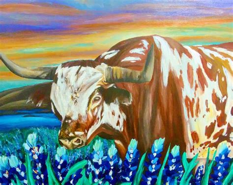 Longhorn In Bluebonnets Emily Kate Art Paintings And Prints Animals