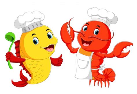 Premium Vector Cute Lobster Chef And Fish Chef Cartoon
