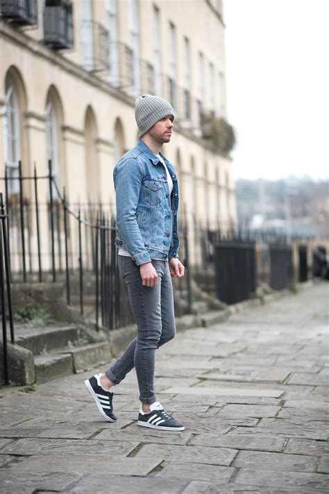 Levis Icy Trucker Denim Jacket And Adidas Charcoal Gazelle Outfit
