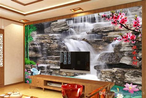 Scenery Wallpaper Crane Peony Waterfall Water Scenery Wall