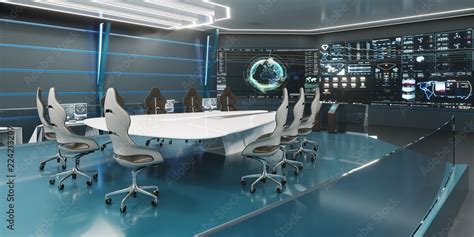 Command Center Interior 3d Rendering Futuristic Conference Room Stock