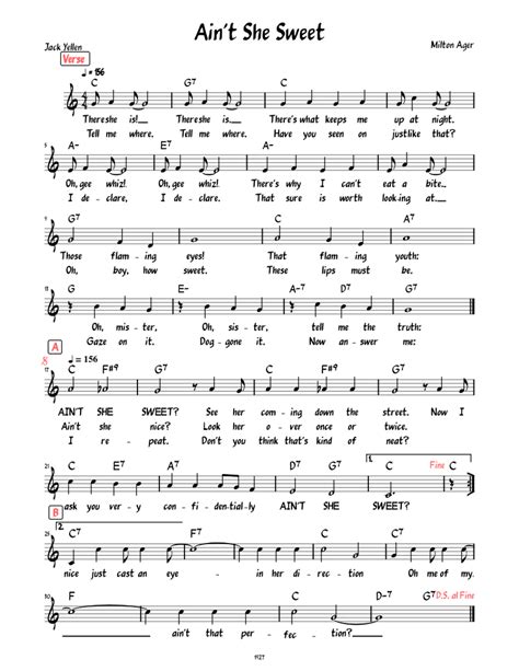 Aint She Sweet Lead Sheet With Lyrics And Verse Sheet Music For Piano Solo Easy