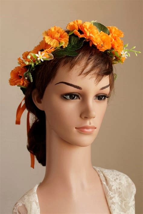 Orange Fall Wedding Halo Marigold Head Wreath Boho Flower Etsy