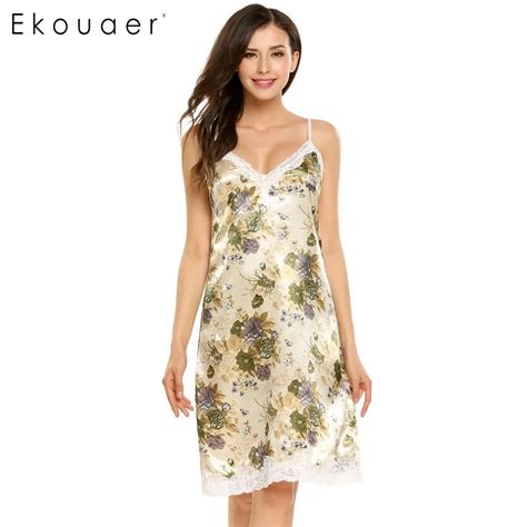 Ekouaer Print Floral Nightgown Summer Sleeveless V Neck Nightwear Sleepwear Lace Satin Dress