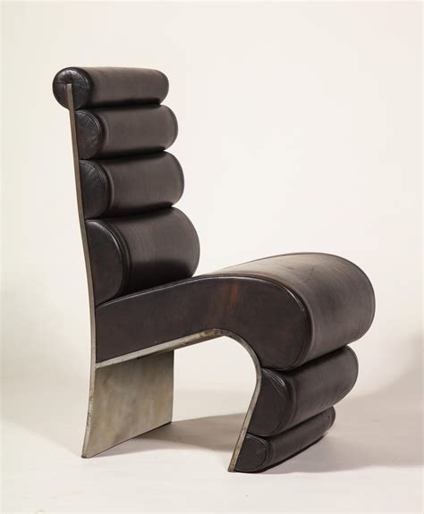 Postmodern Sculptural Steel And Leather French Pair Of Chairs 1980s