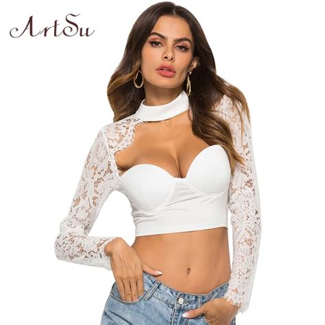 Artsu Sexy White Women Lace Tops Hollow Out Long Sleeve Bralette Turtleneck Cropped Tees Black T
