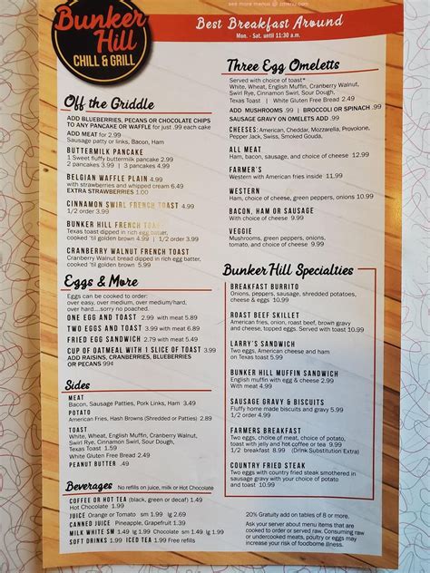 Menu At Bunker Hill Chill And Grill Restaurant Burnips