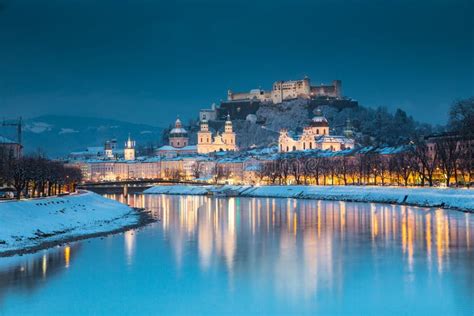 Salzburg Old Town At Twilight In Winter Austria Stock Image Image Of