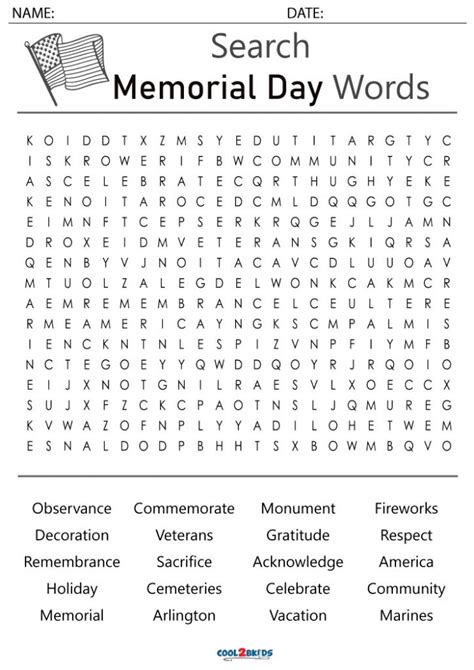 Printable Memorial Day Word Search Cool2bkids