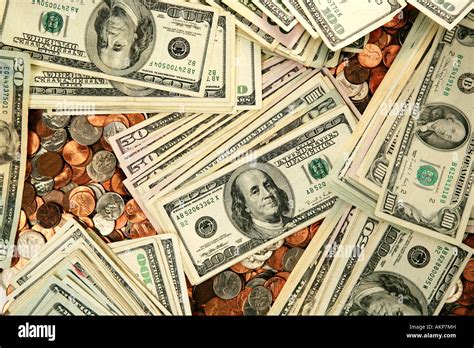Pile Of American Money Bills And Coins Stock Photo Alamy