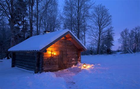 Wallpaper Winter Forest Light Snow Trees Night House Lantern